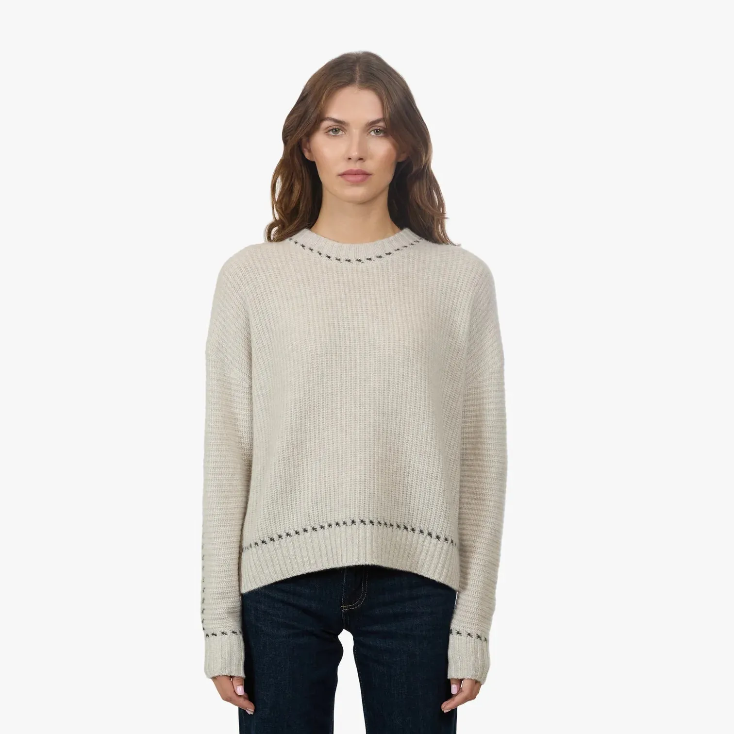 Autumn Cashmere Crew w/ Contrast Stitching in Mojave/Pepper