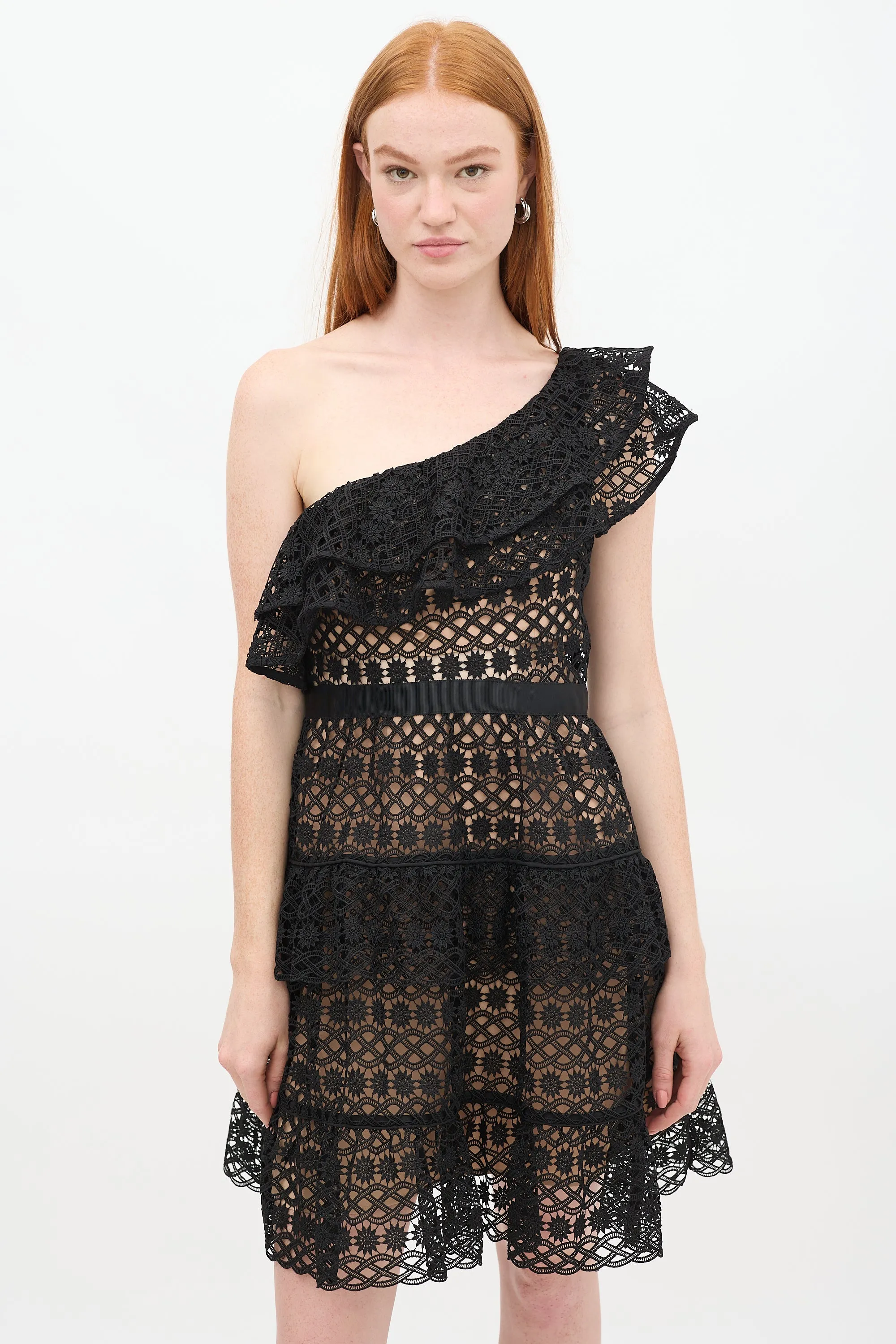 Black Guipure Lace One Shoulder Dress