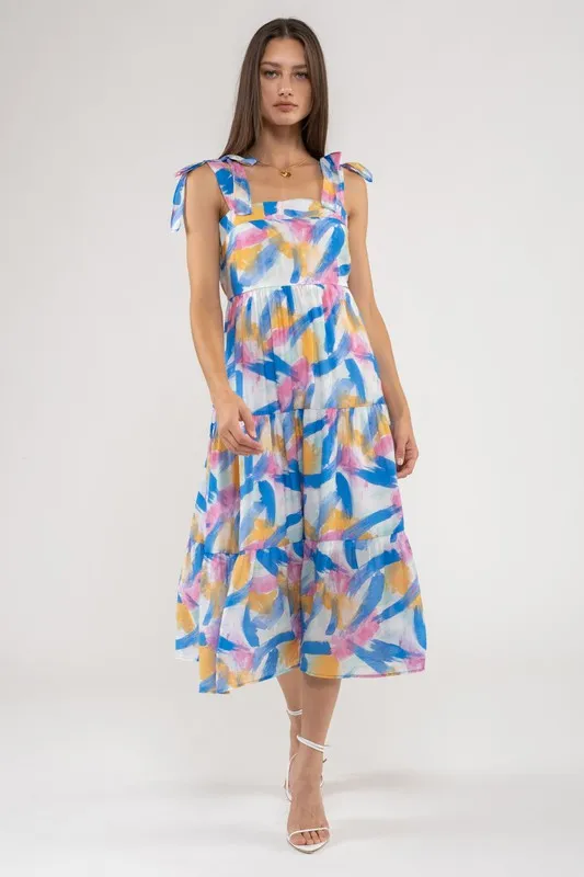 BRUSH STROKE PRINT TIERED MIDI DRESS