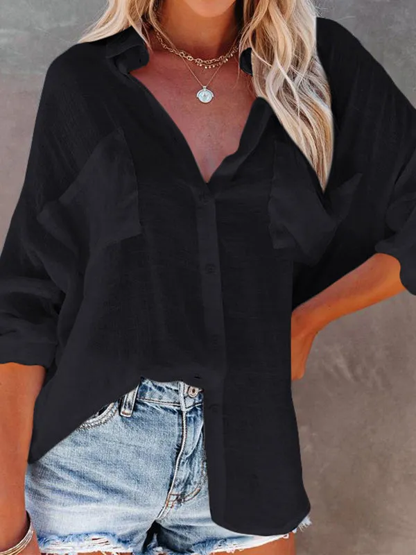 Buttoned Pockets Split-Joint Sun Protection Long Sleeves Loose Lapel Blouses&Shirts Tops