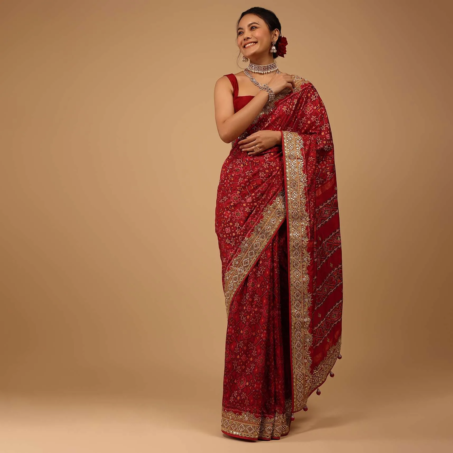 Carmine Red Saree In Pure Silk With Handloom Patola Ikat Weave