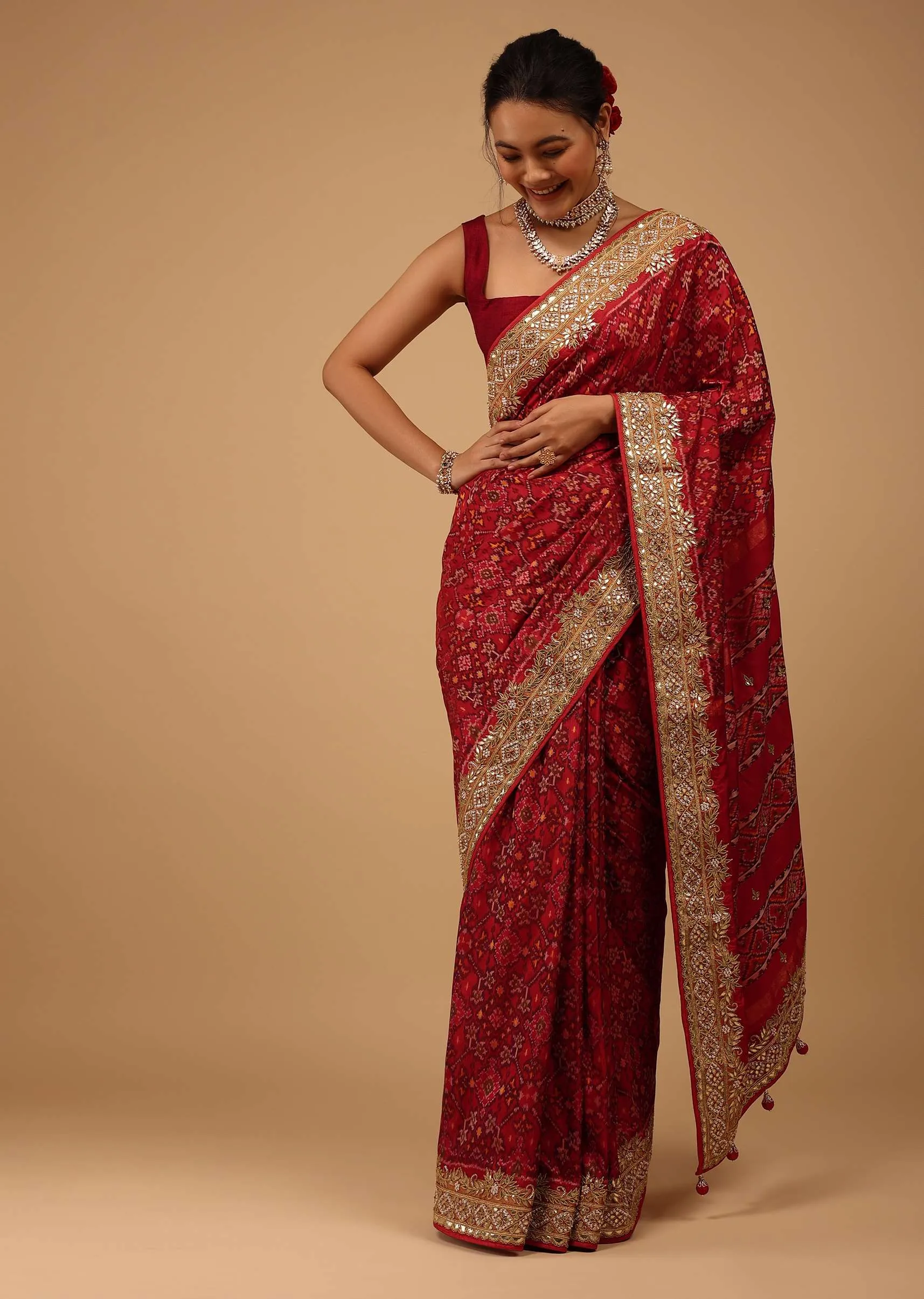 Carmine Red Saree In Pure Silk With Handloom Patola Ikat Weave