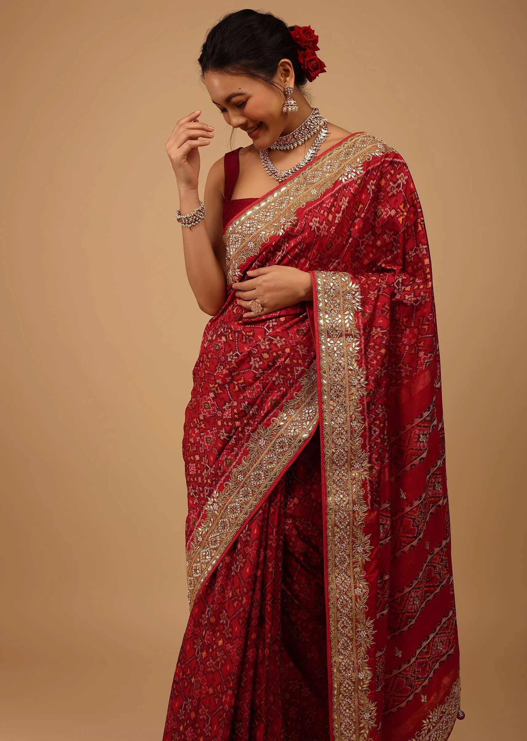 Carmine Red Saree In Pure Silk With Handloom Patola Ikat Weave