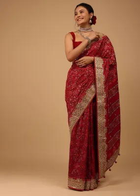Carmine Red Saree In Pure Silk With Handloom Patola Ikat Weave