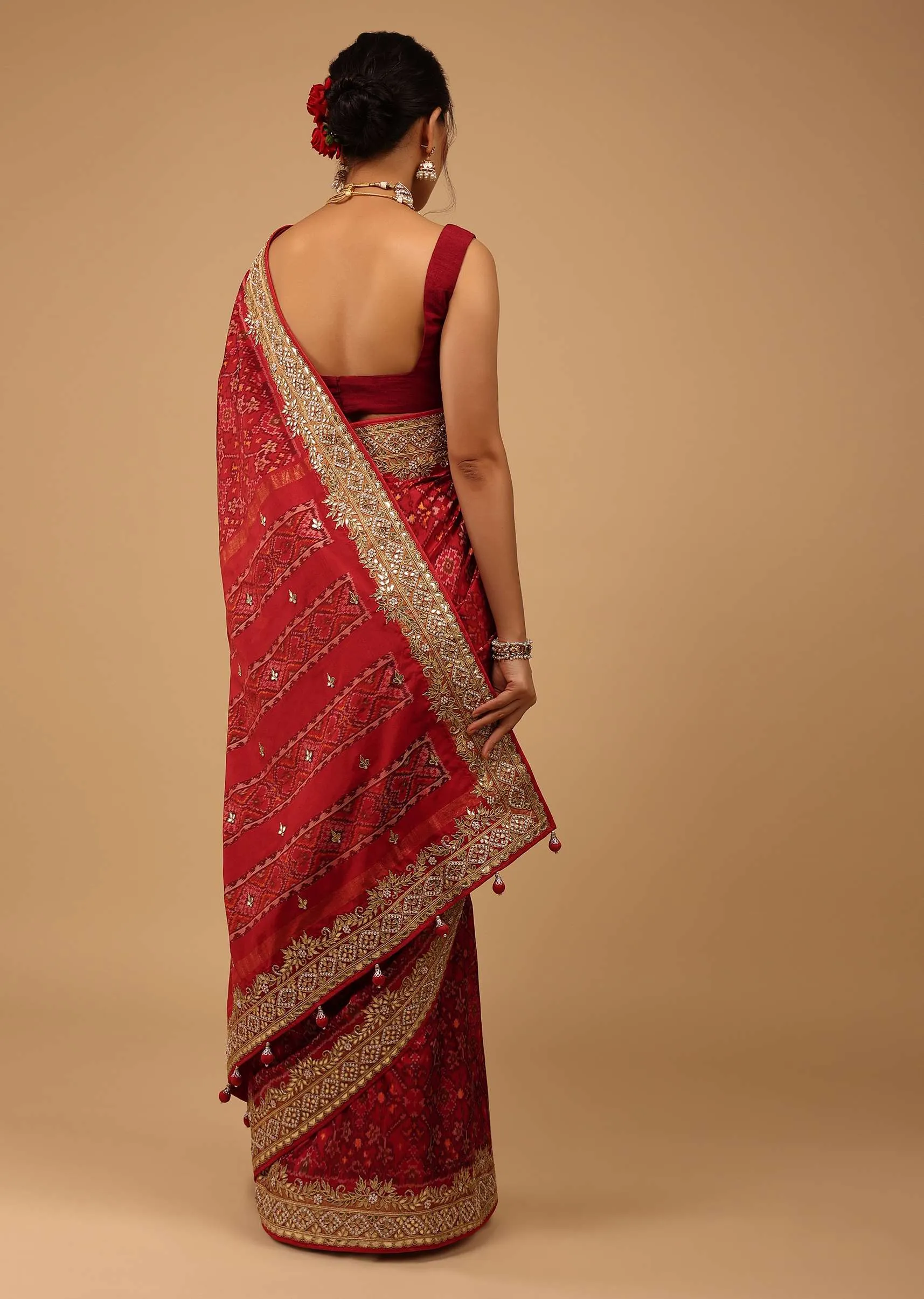 Carmine Red Saree In Pure Silk With Handloom Patola Ikat Weave