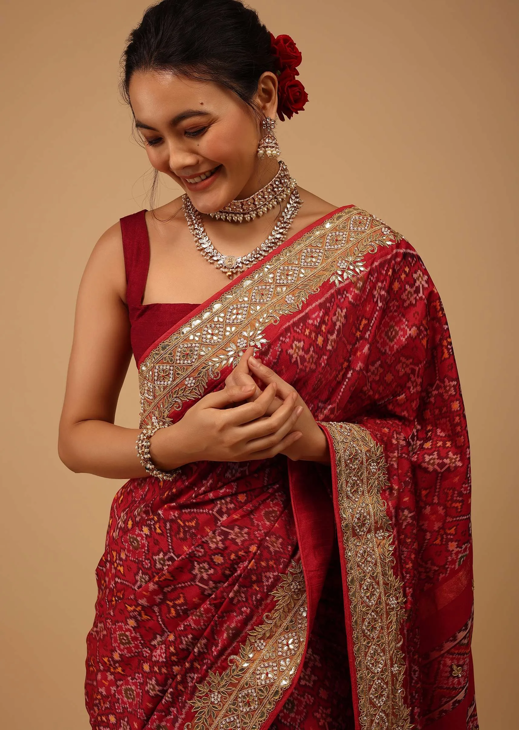 Carmine Red Saree In Pure Silk With Handloom Patola Ikat Weave