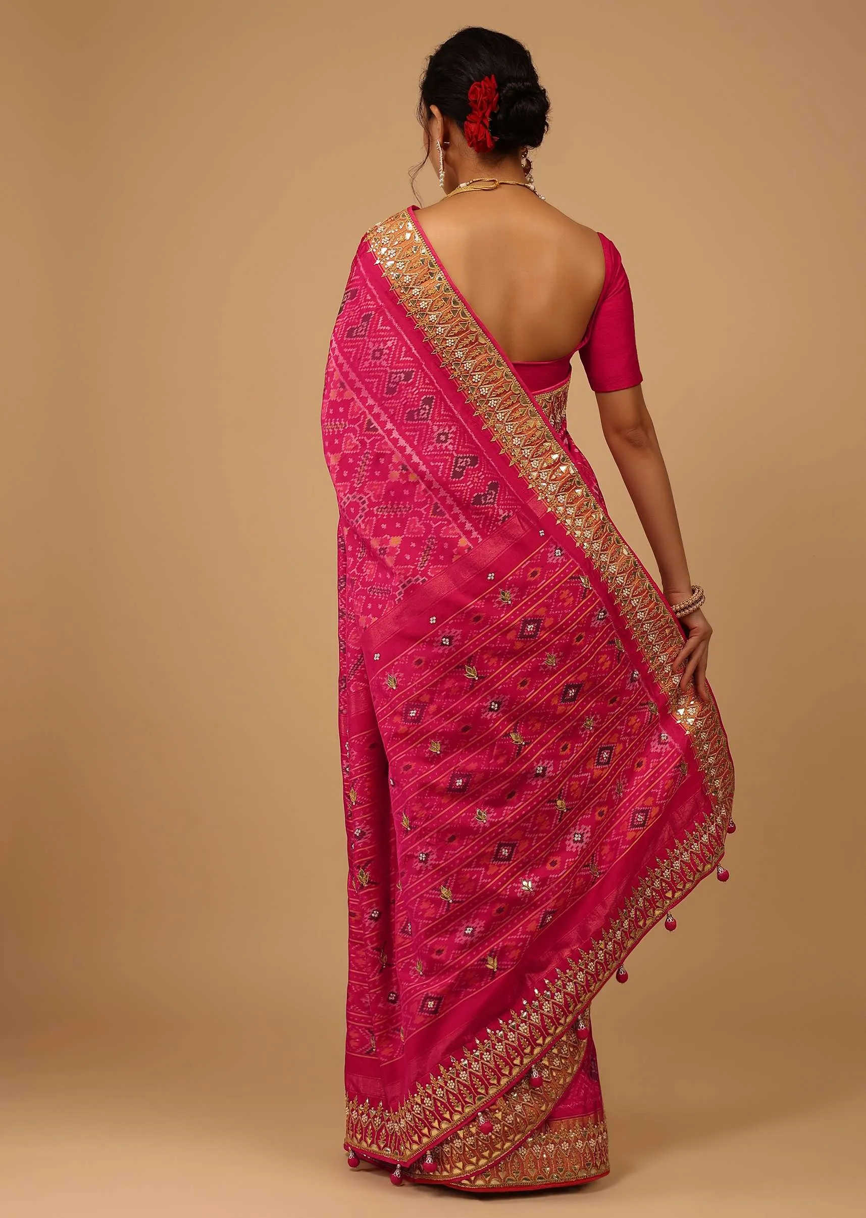 Cherry Pink Saree In Pure Silk With Handloom Patola Ikat Weave