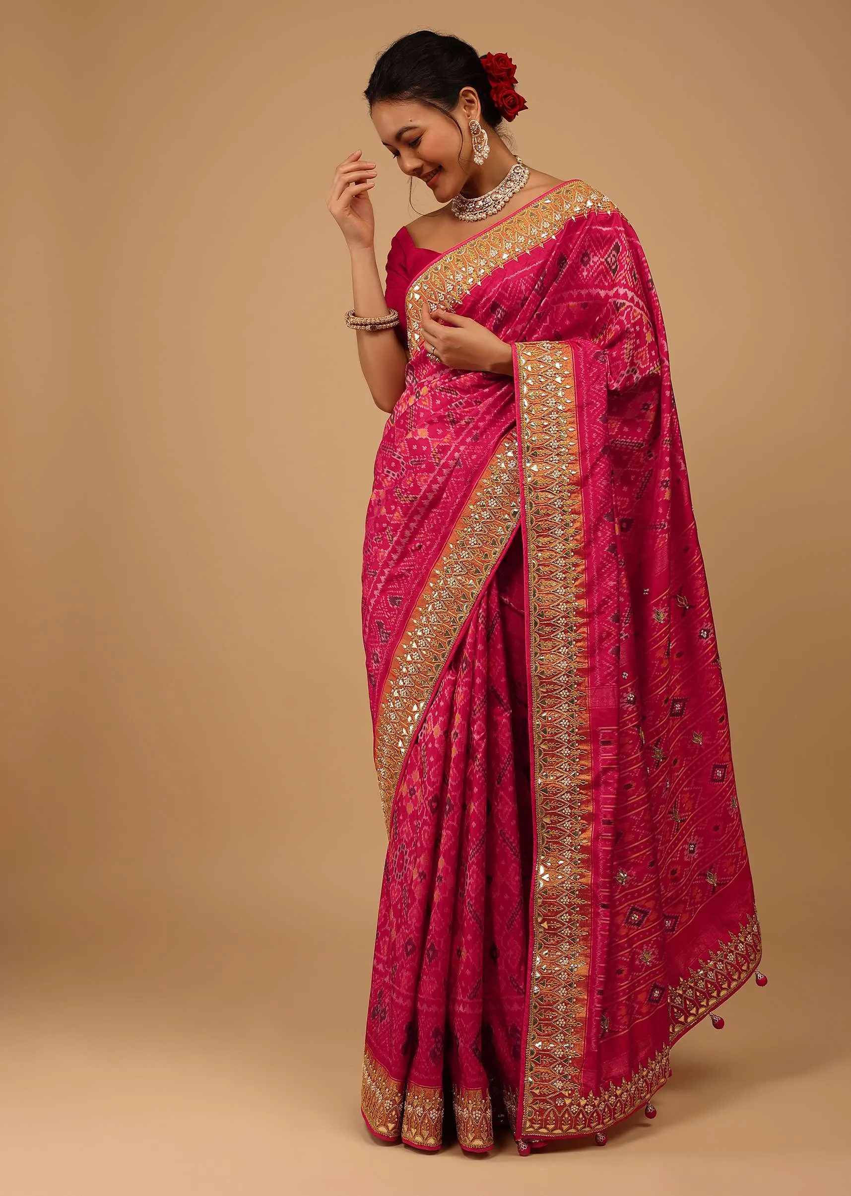 Cherry Pink Saree In Pure Silk With Handloom Patola Ikat Weave