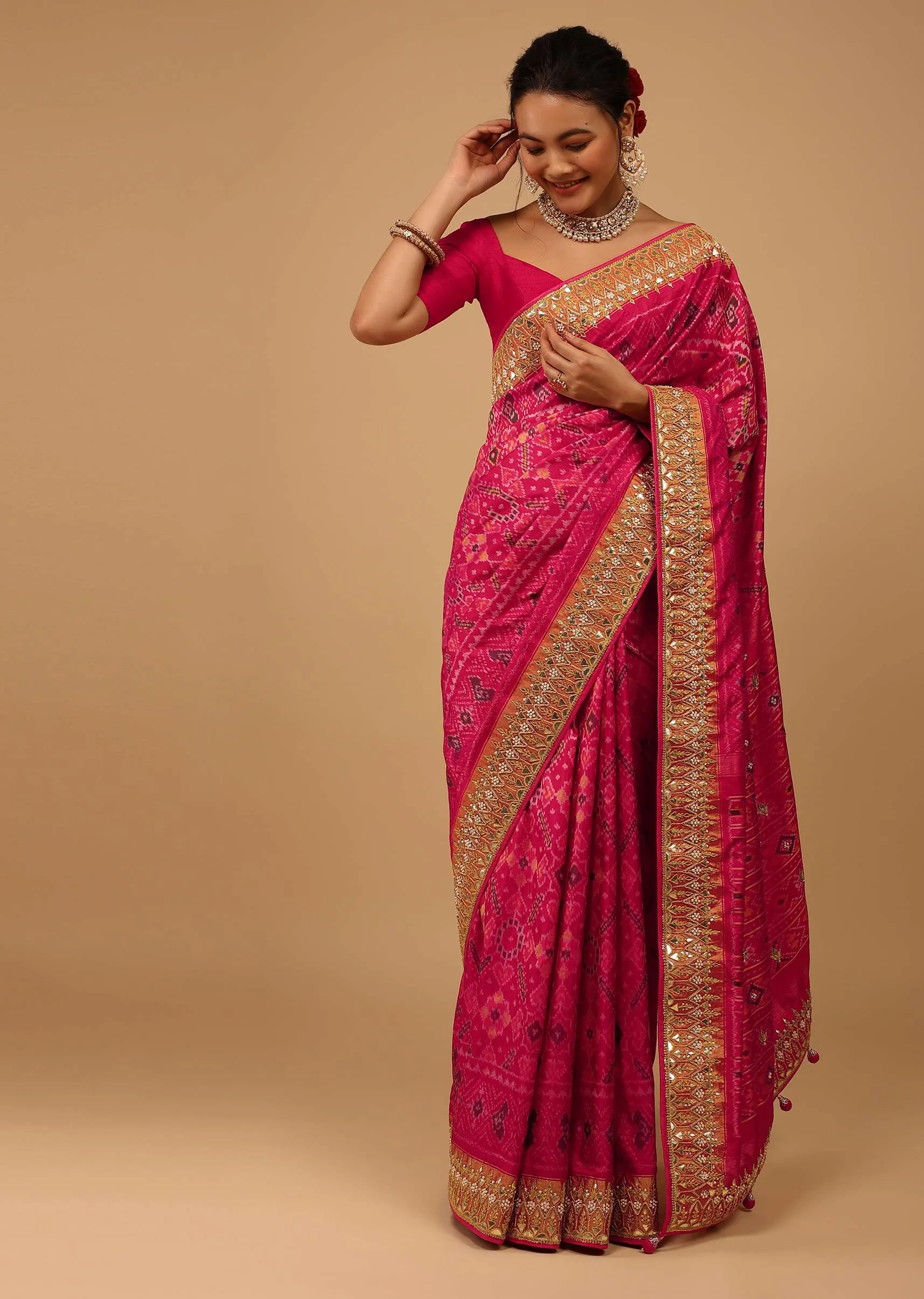 Cherry Pink Saree In Pure Silk With Handloom Patola Ikat Weave