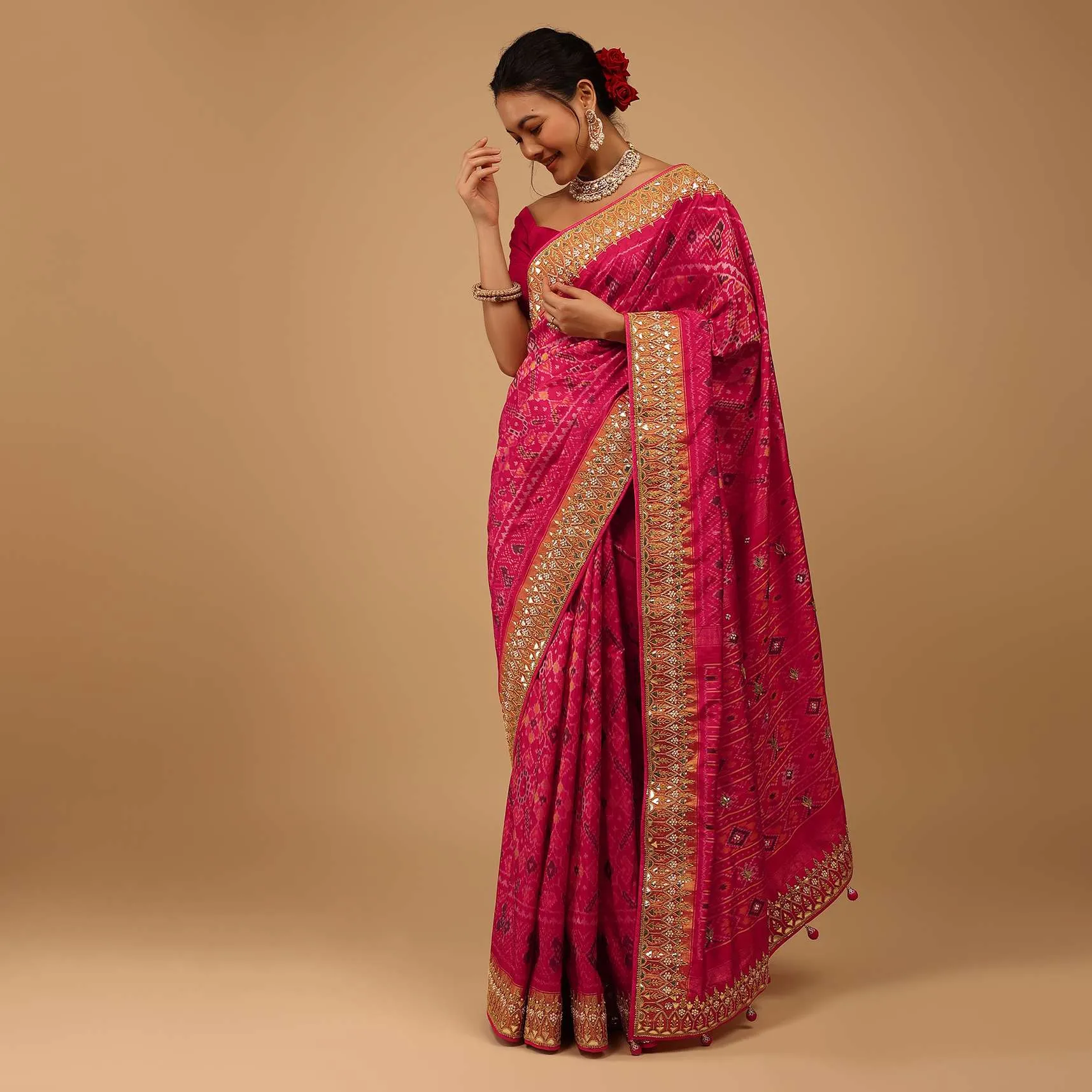 Cherry Pink Saree In Pure Silk With Handloom Patola Ikat Weave