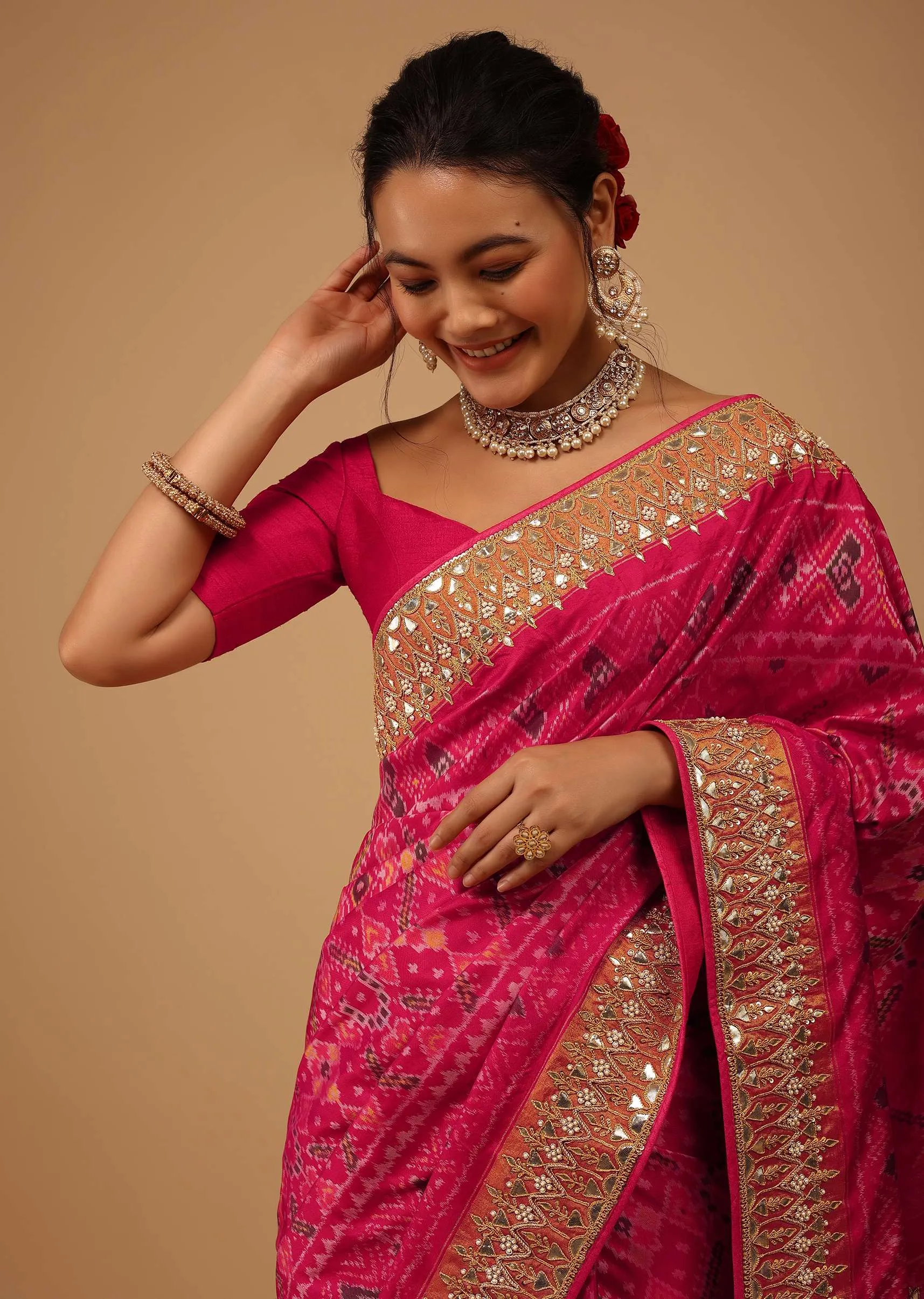 Cherry Pink Saree In Pure Silk With Handloom Patola Ikat Weave