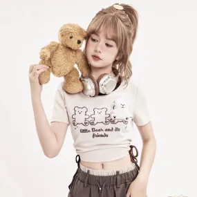 Cute Bear Doll Embroidered Contrast Color T-Shirt
