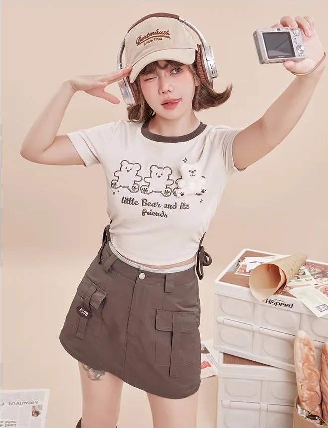 Cute Bear Doll Embroidered Contrast Color T-Shirt