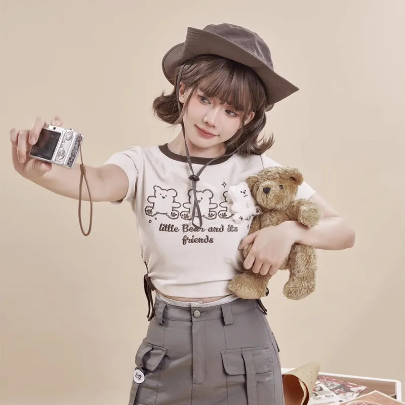 Cute Bear Doll Embroidered Contrast Color T-Shirt