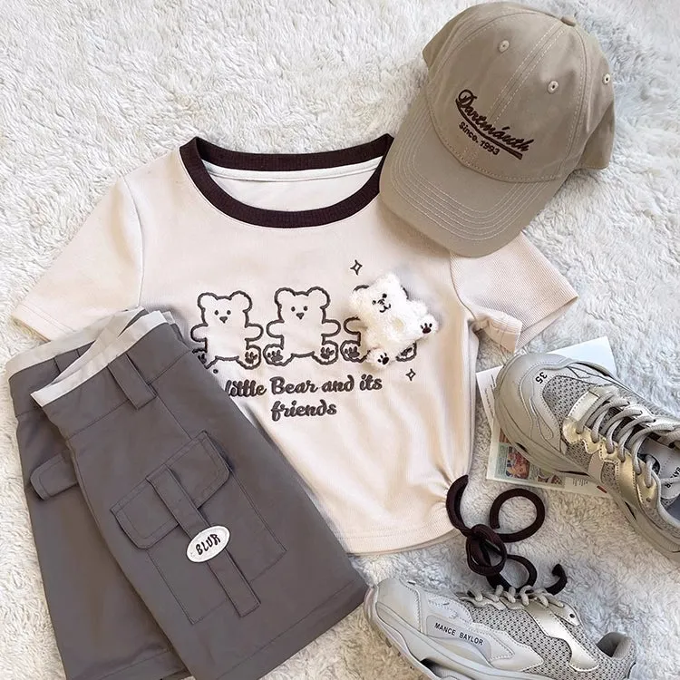 Cute Bear Doll Embroidered Contrast Color T-Shirt