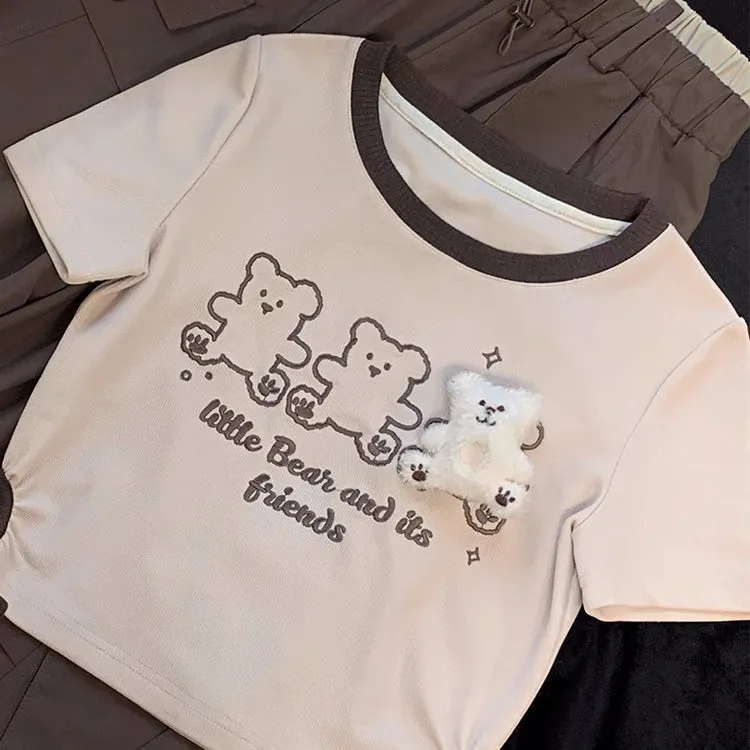 Cute Bear Doll Embroidered Contrast Color T-Shirt