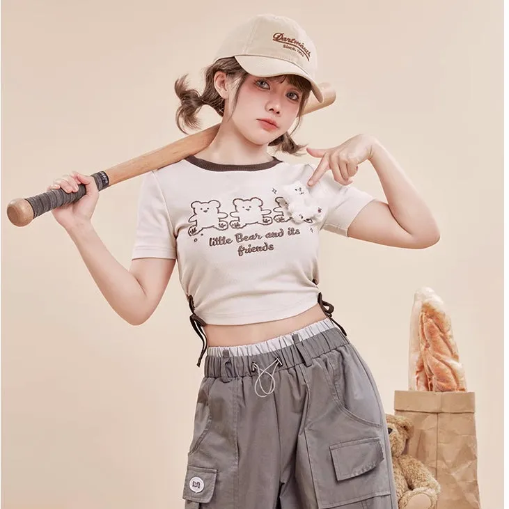 Cute Bear Doll Embroidered Contrast Color T-Shirt