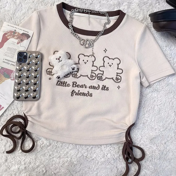 Cute Bear Doll Embroidered Contrast Color T-Shirt