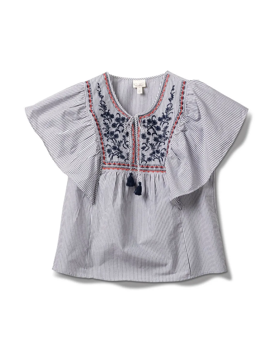 Embroidered Angel Sleeve Stripe Woven Top