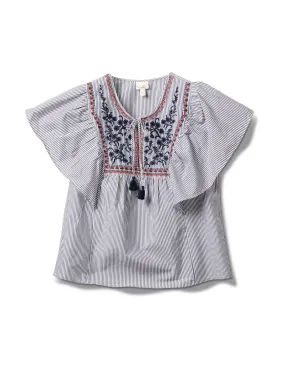 Embroidered Angel Sleeve Stripe Woven Top