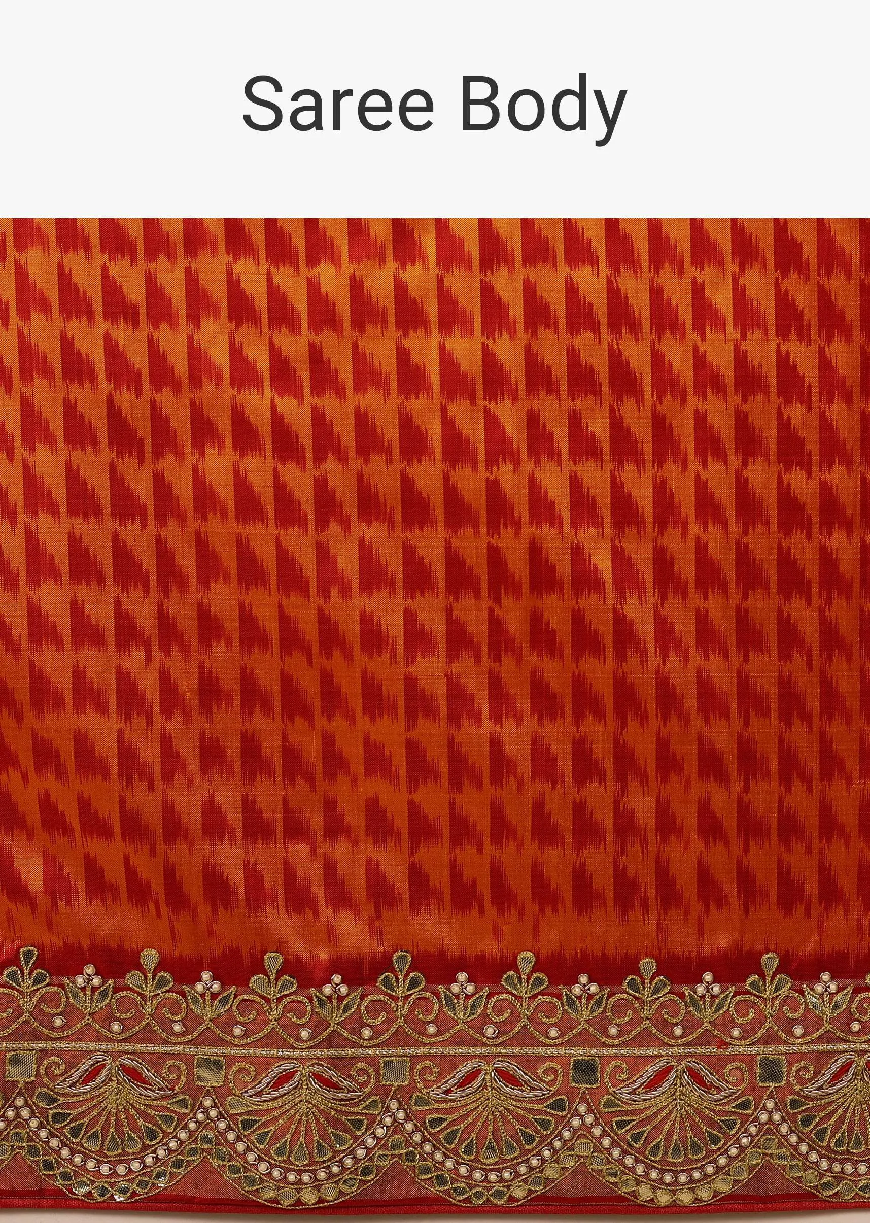 Fire Orange Saree In Pure Silk With Handloom Patola Weave And Ikat Embroidery