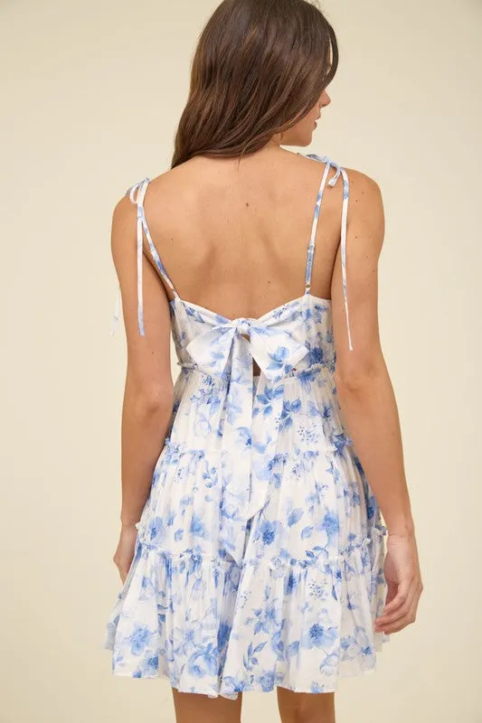 FLORAL SPAGHETTI STRAP BACK TIE TIERED MINI DRESS