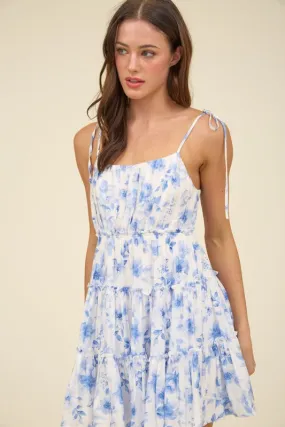 FLORAL SPAGHETTI STRAP BACK TIE TIERED MINI DRESS