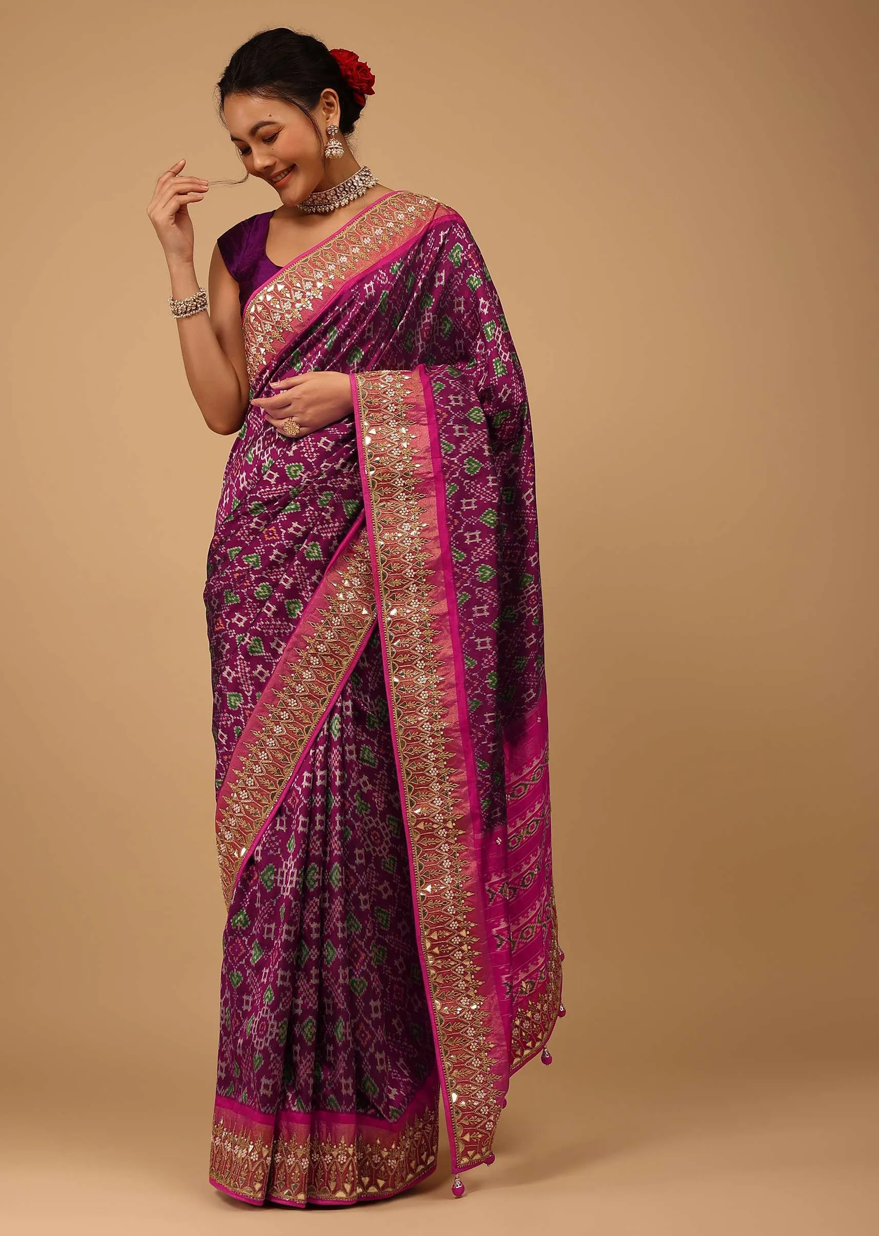 Grape Purple Saree In Pure Silk With Handloom Patola Ikat Weave