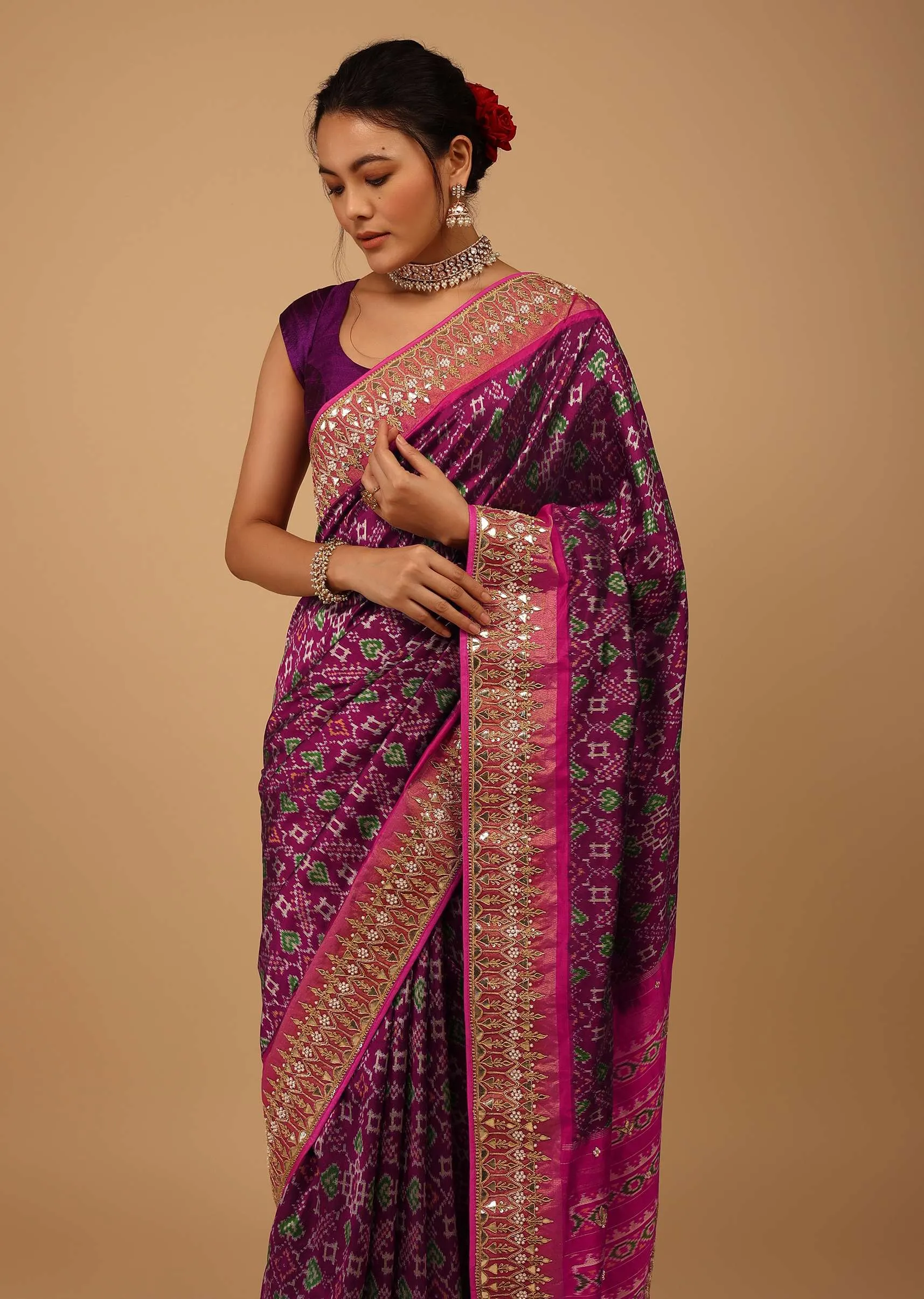 Grape Purple Saree In Pure Silk With Handloom Patola Ikat Weave