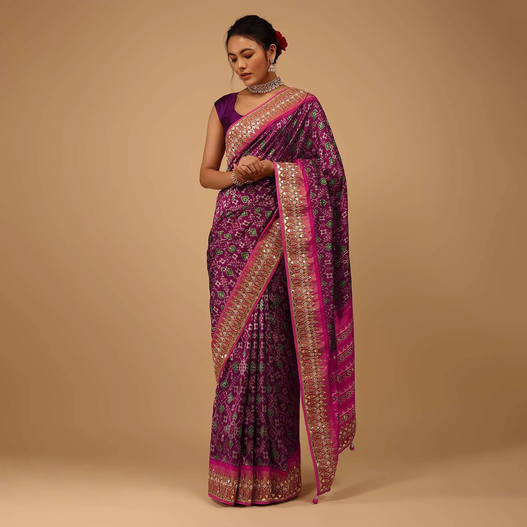 Grape Purple Saree In Pure Silk With Handloom Patola Ikat Weave