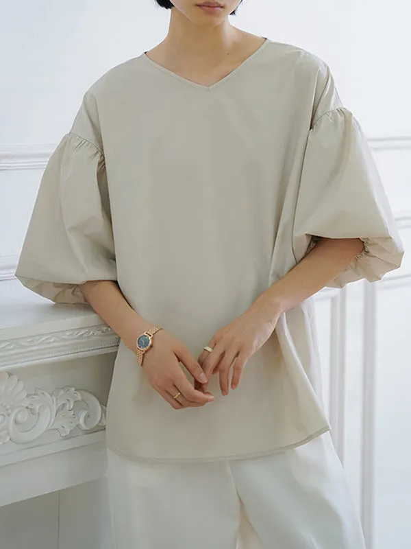 Half Sleeves Loose Solid Color V-Neck Blouses&Shirts Tops