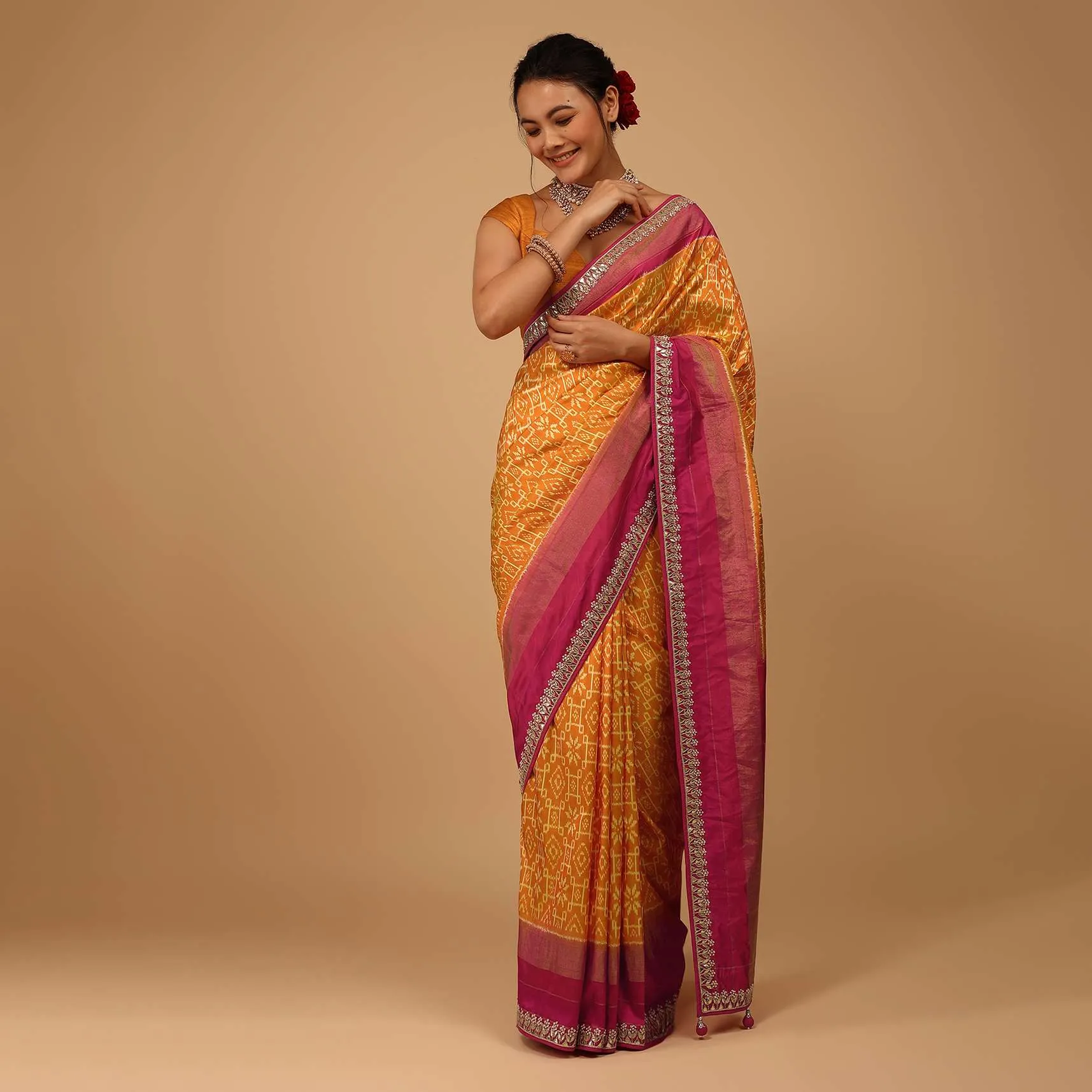 Marigold Orange Saree In Pure Silk With Golden Haze Yellow Handloom Patola Ikat Weave