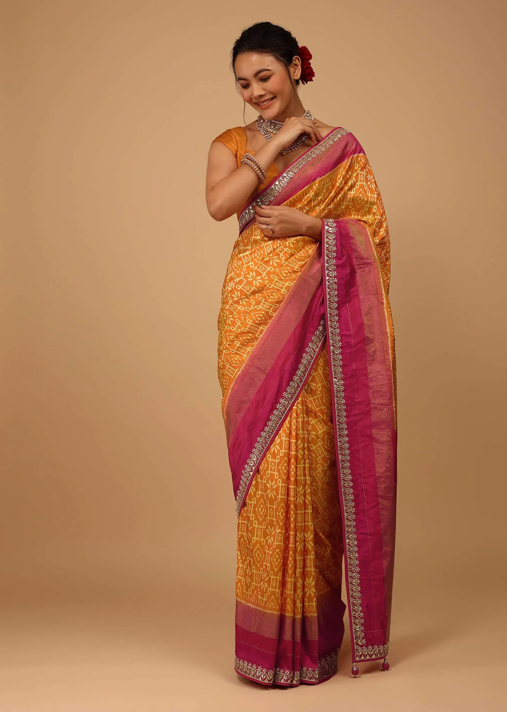 Marigold Orange Saree In Pure Silk With Golden Haze Yellow Handloom Patola Ikat Weave