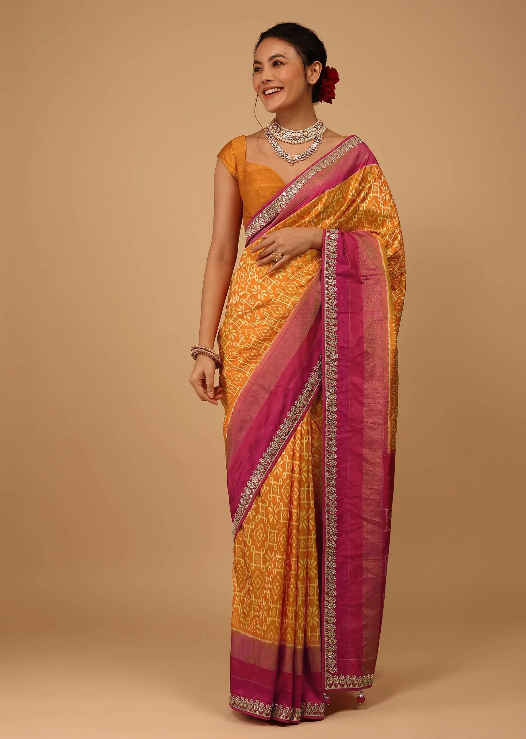 Marigold Orange Saree In Pure Silk With Golden Haze Yellow Handloom Patola Ikat Weave