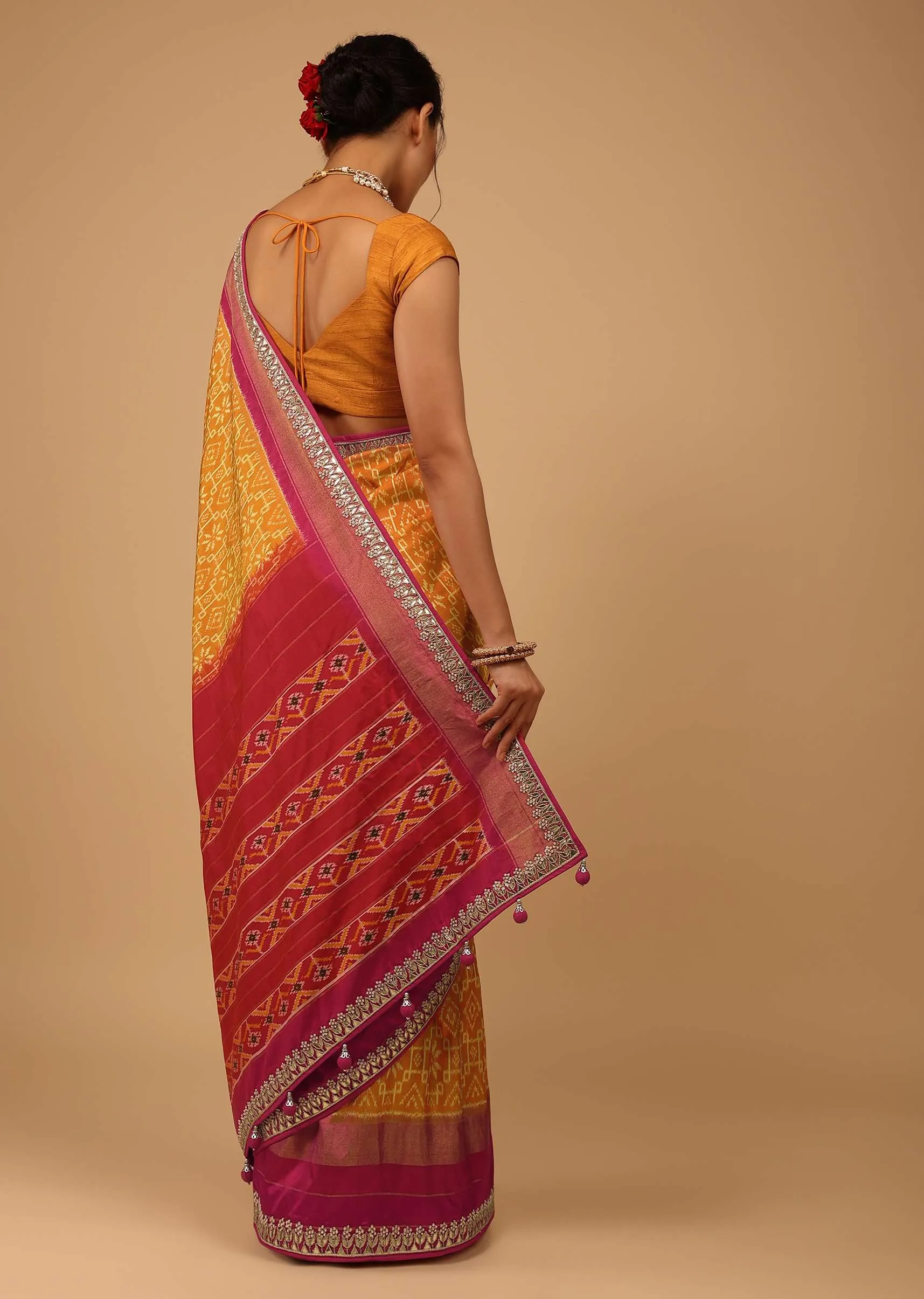 Marigold Orange Saree In Pure Silk With Golden Haze Yellow Handloom Patola Ikat Weave