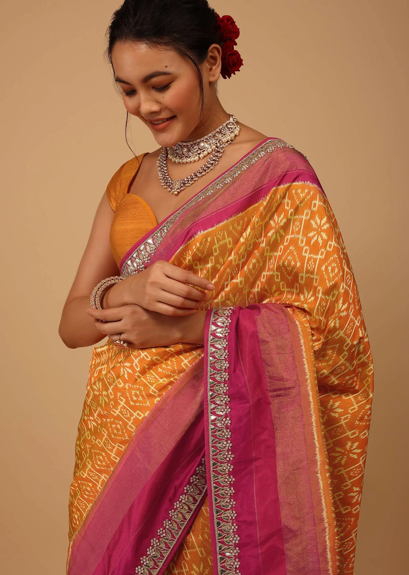 Marigold Orange Saree In Pure Silk With Golden Haze Yellow Handloom Patola Ikat Weave