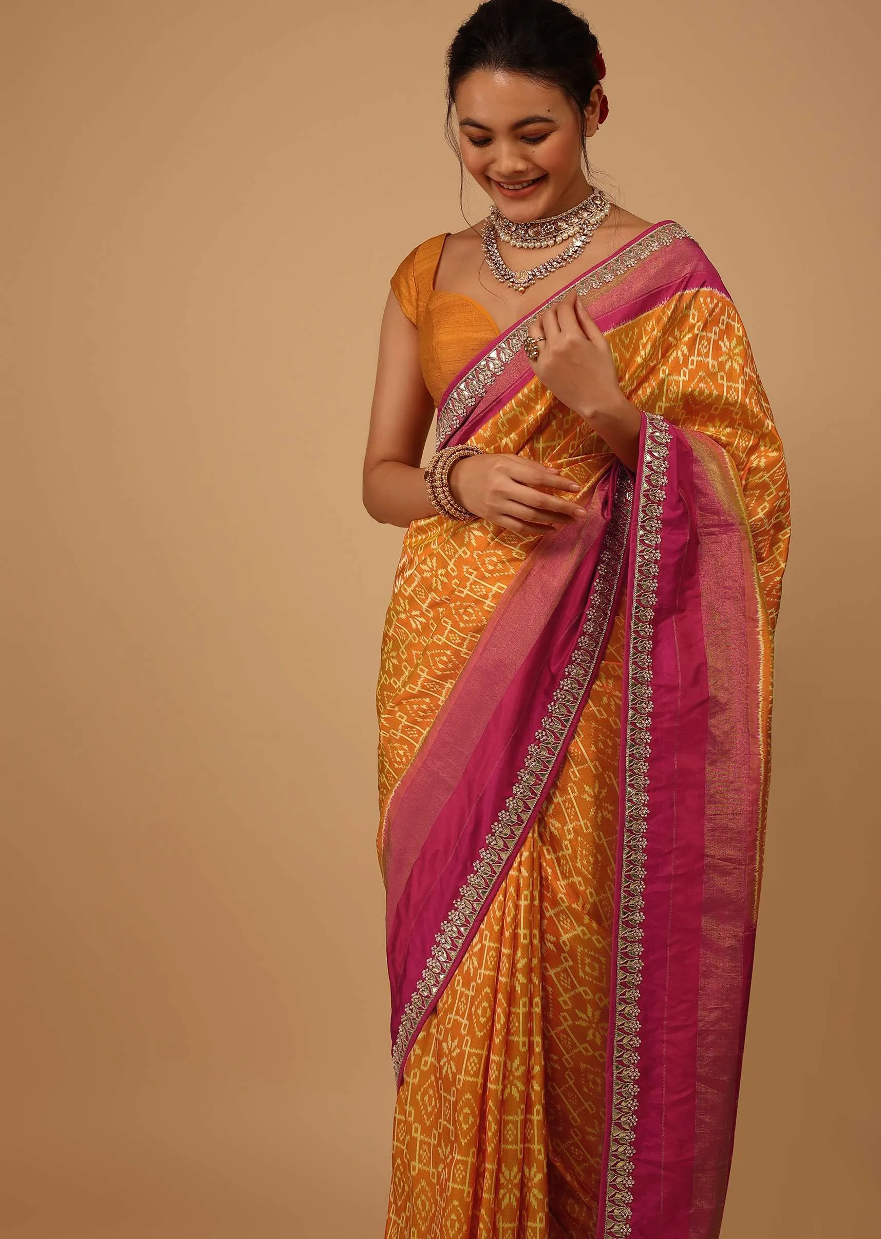 Marigold Orange Saree In Pure Silk With Golden Haze Yellow Handloom Patola Ikat Weave