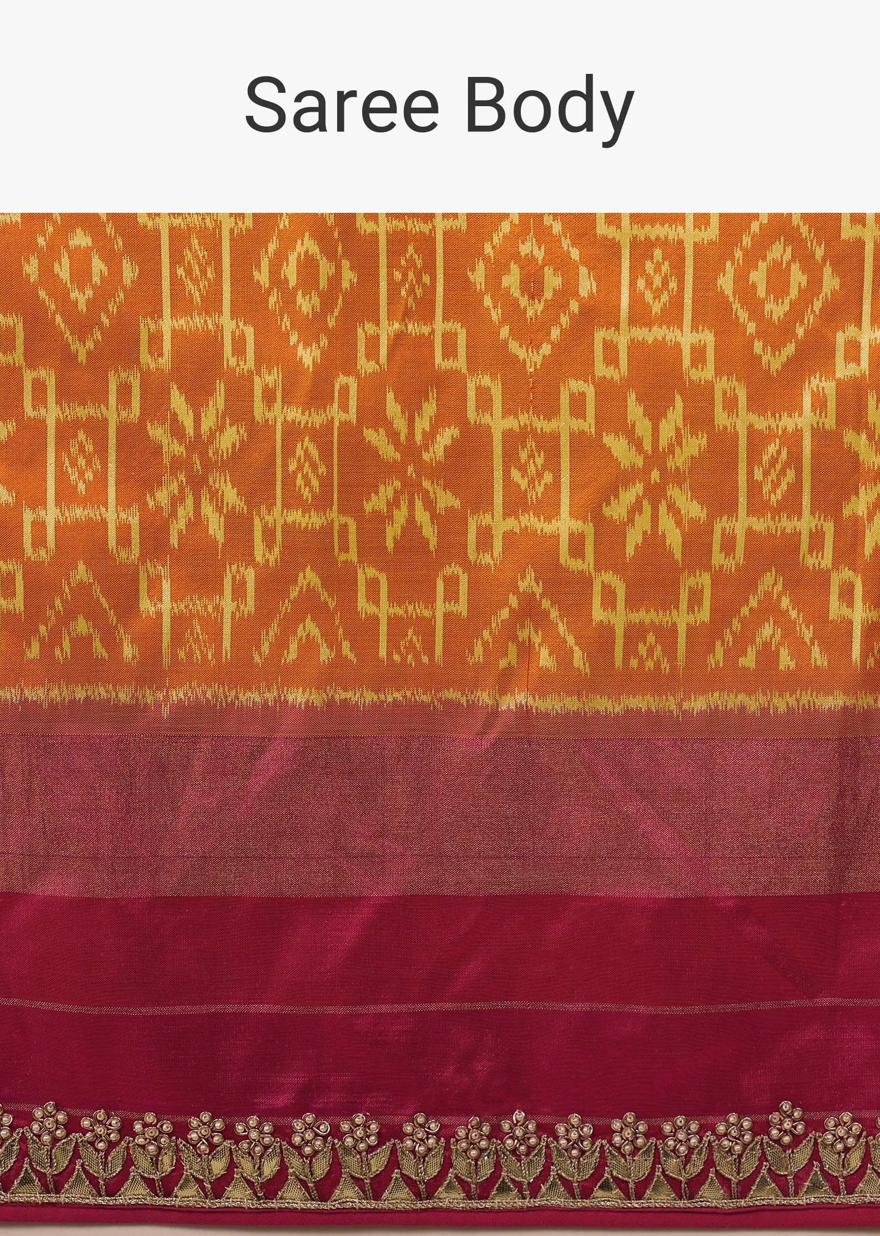Marigold Orange Saree In Pure Silk With Golden Haze Yellow Handloom Patola Ikat Weave