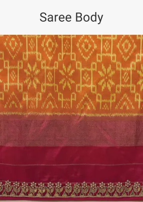 Marigold Orange Saree In Pure Silk With Golden Haze Yellow Handloom Patola Ikat Weave