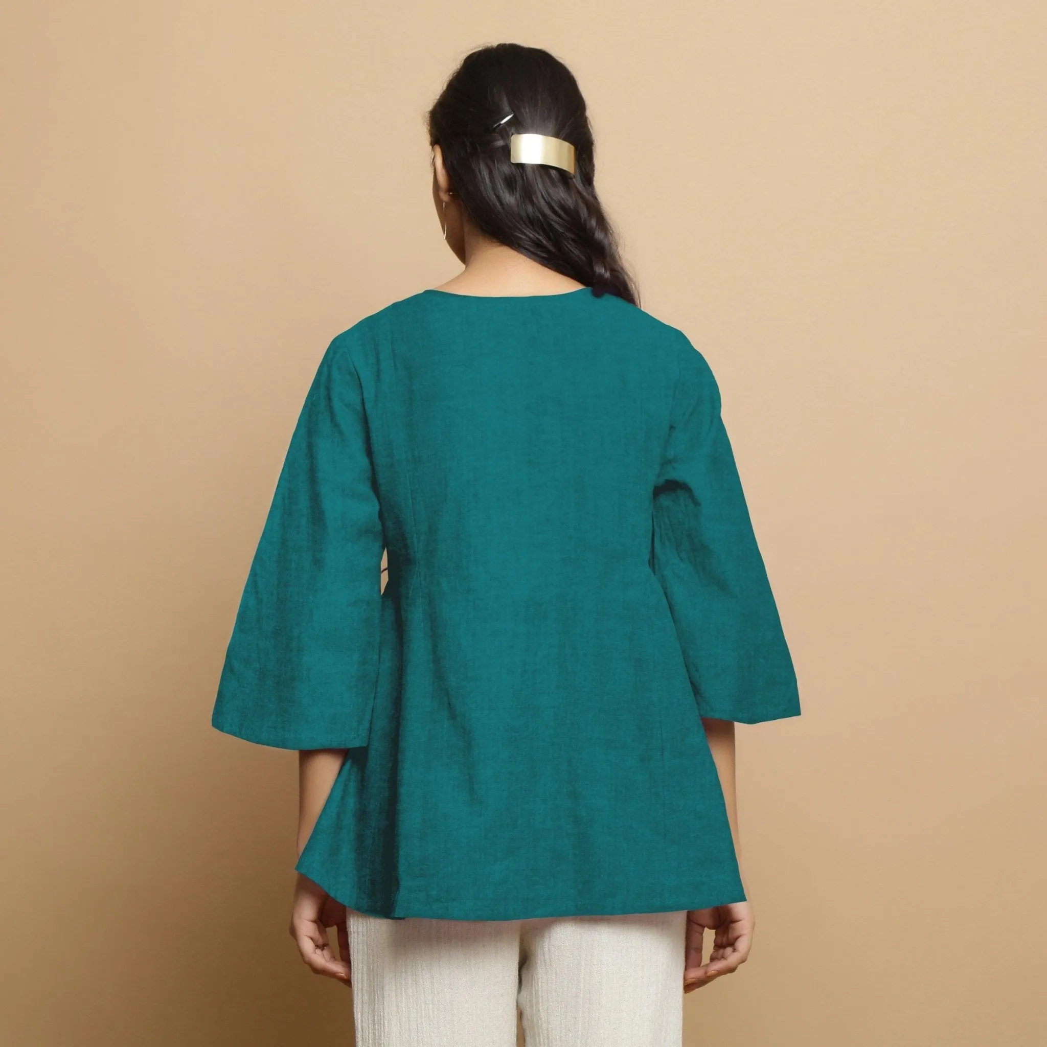 Pine Green Linen Hand-Embroidered Asymmetrical V-Neck Top