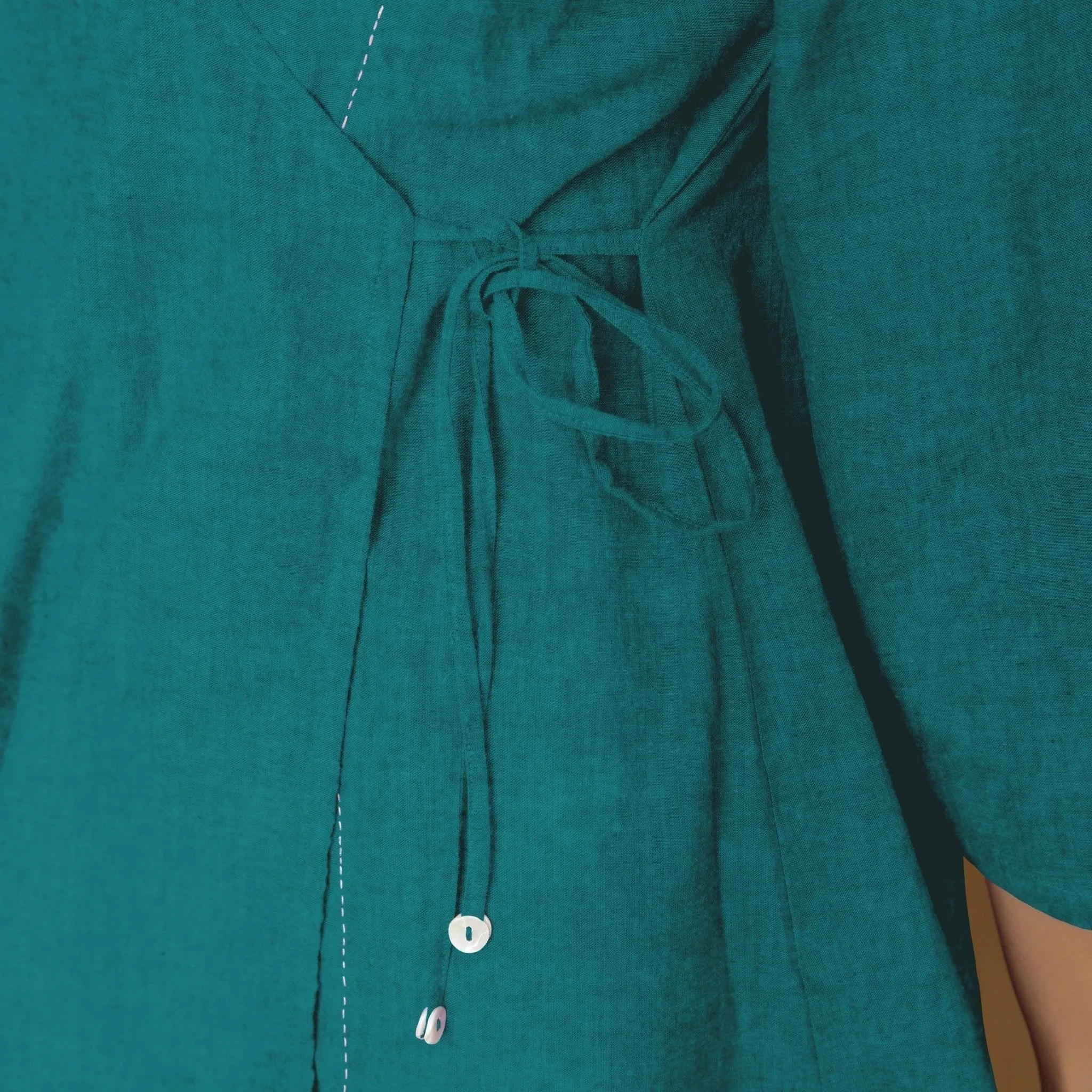 Pine Green Linen Hand-Embroidered Asymmetrical V-Neck Top