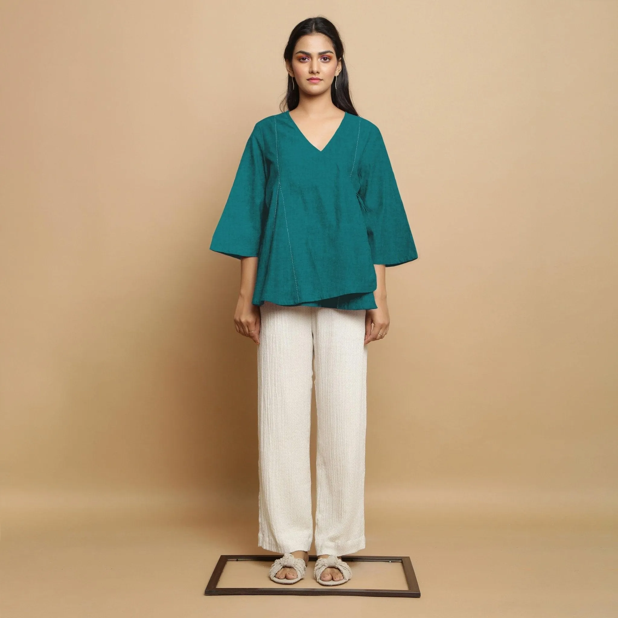Pine Green Linen Hand-Embroidered Asymmetrical V-Neck Top