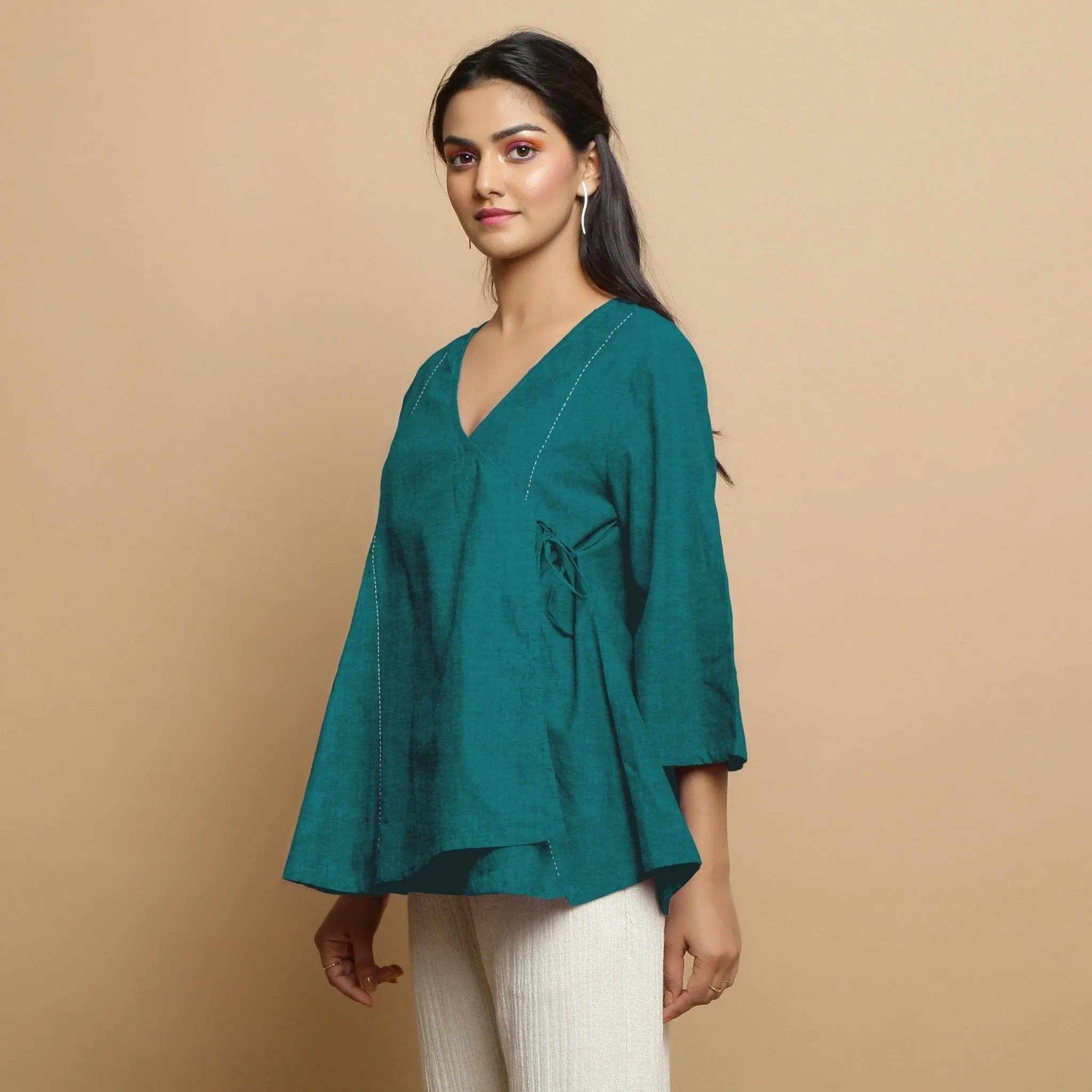 Pine Green Linen Hand-Embroidered Asymmetrical V-Neck Top