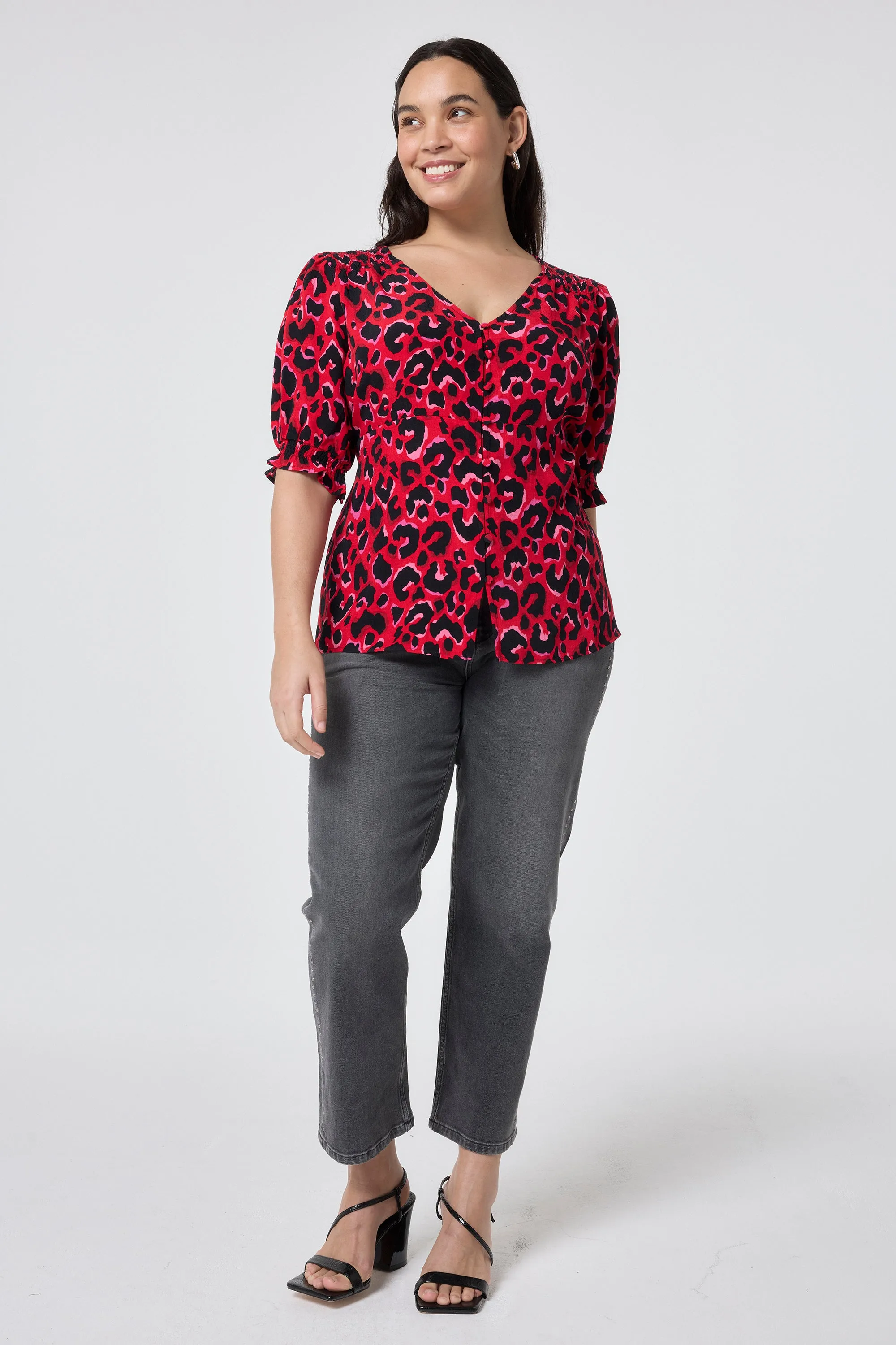 Red with Pink and Black Pop Leopard Button Through Blouse