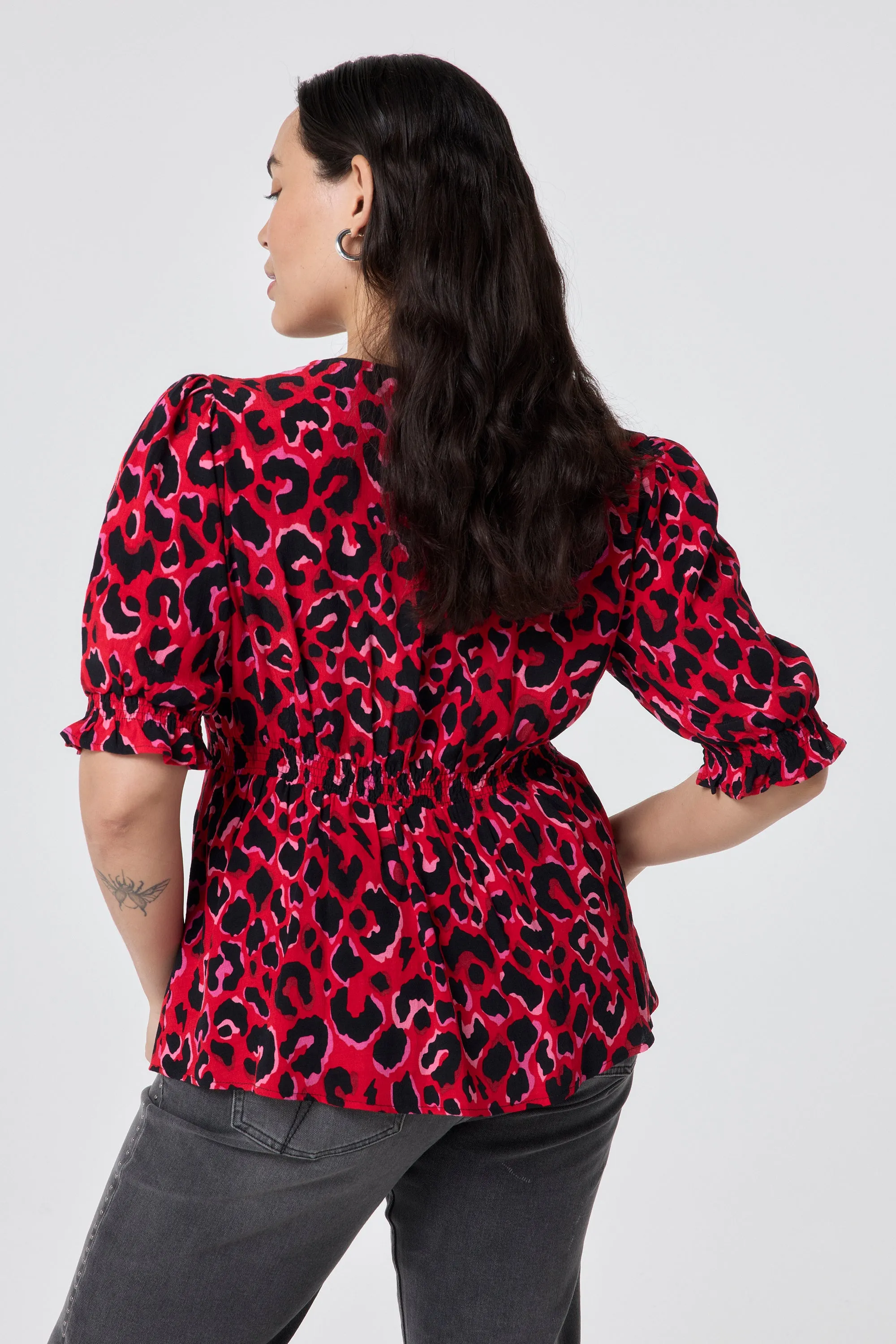 Red with Pink and Black Pop Leopard Button Through Blouse