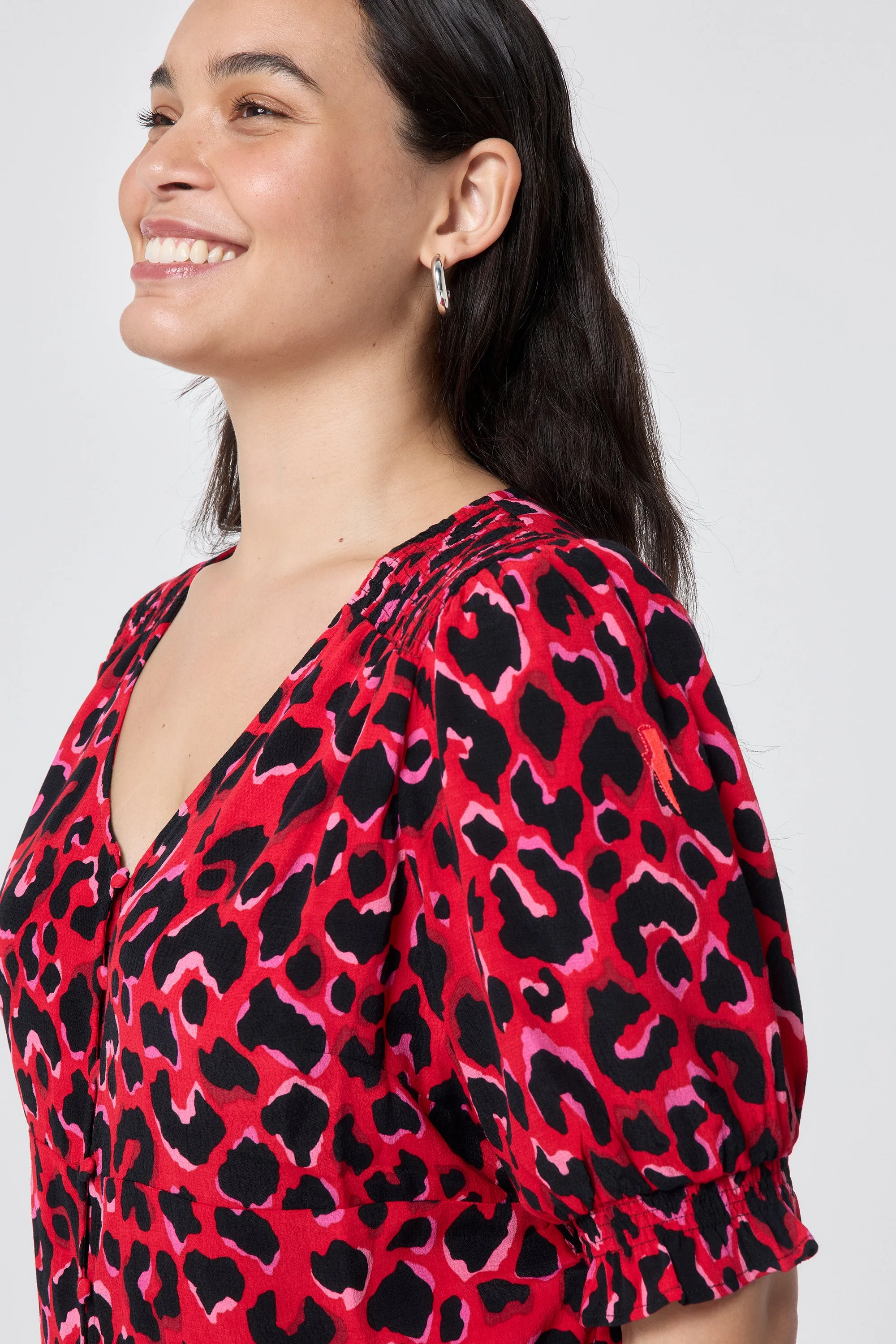 Red with Pink and Black Pop Leopard Button Through Blouse