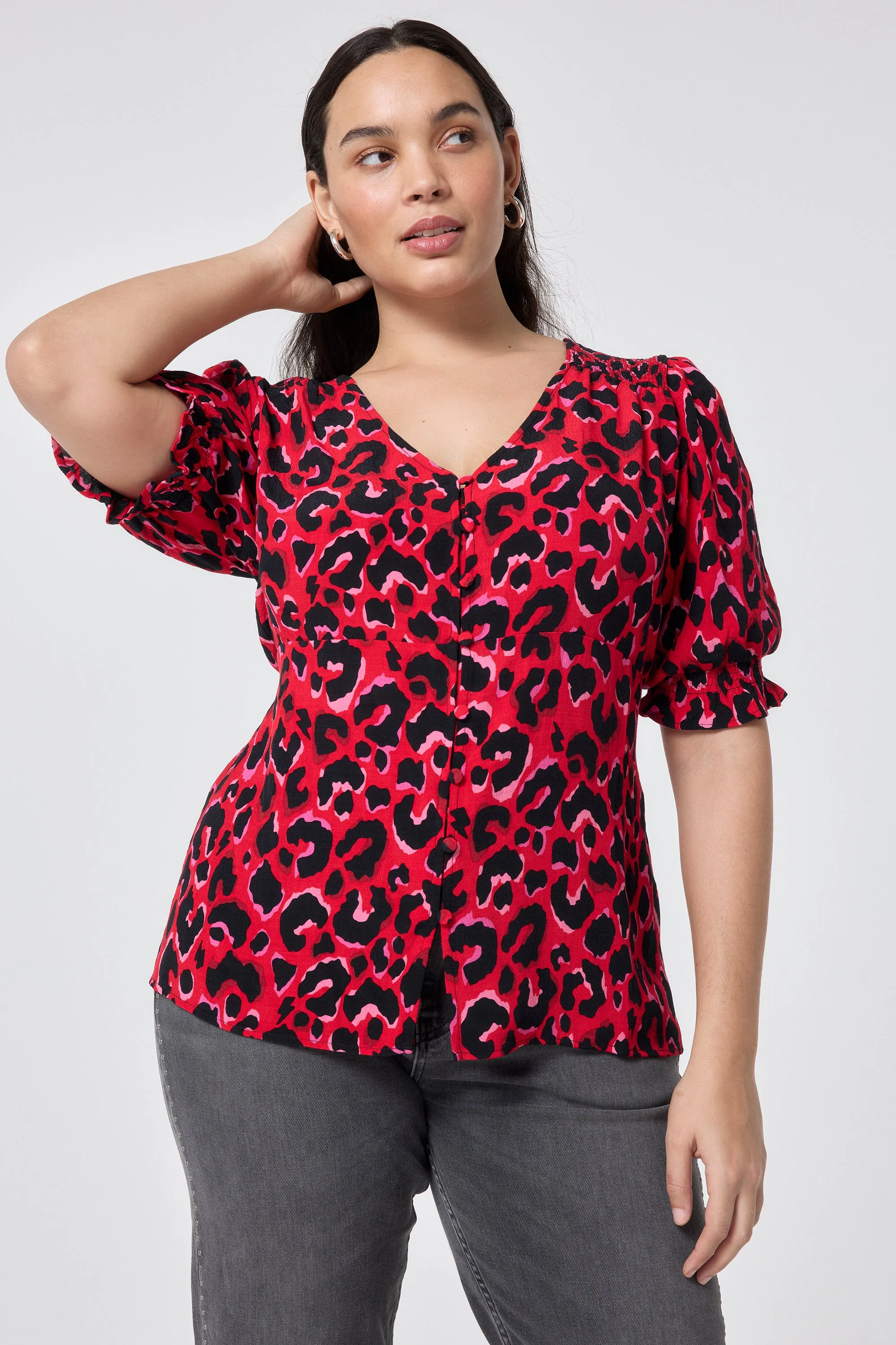 Red with Pink and Black Pop Leopard Button Through Blouse