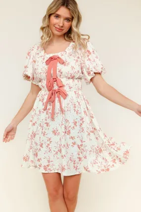 RIBBON TIE SCOOP NECK TIERED WAIST FLORAL DRESS