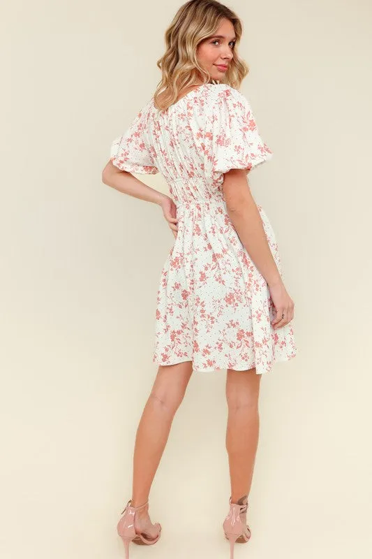 RIBBON TIE SCOOP NECK TIERED WAIST FLORAL DRESS