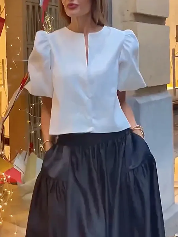 Solid Color Half Sleeves Loose Round-neck Blouses&shirts Tops